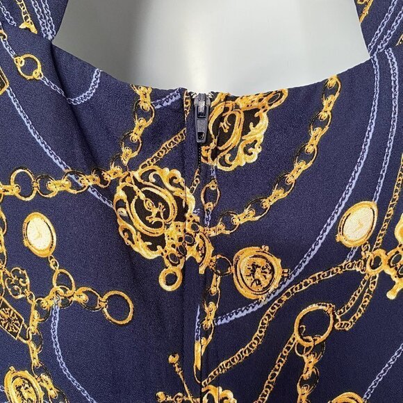 Navy Blue and Gold Chain Print Dress - Picture 7 of 12